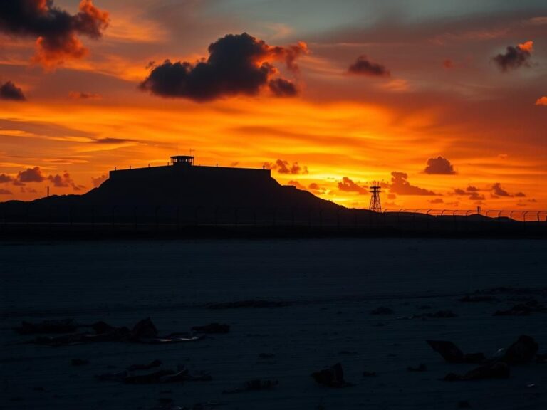 Flick International Barren landscape of Guantanamo Bay with detention camp silhouette at sunset