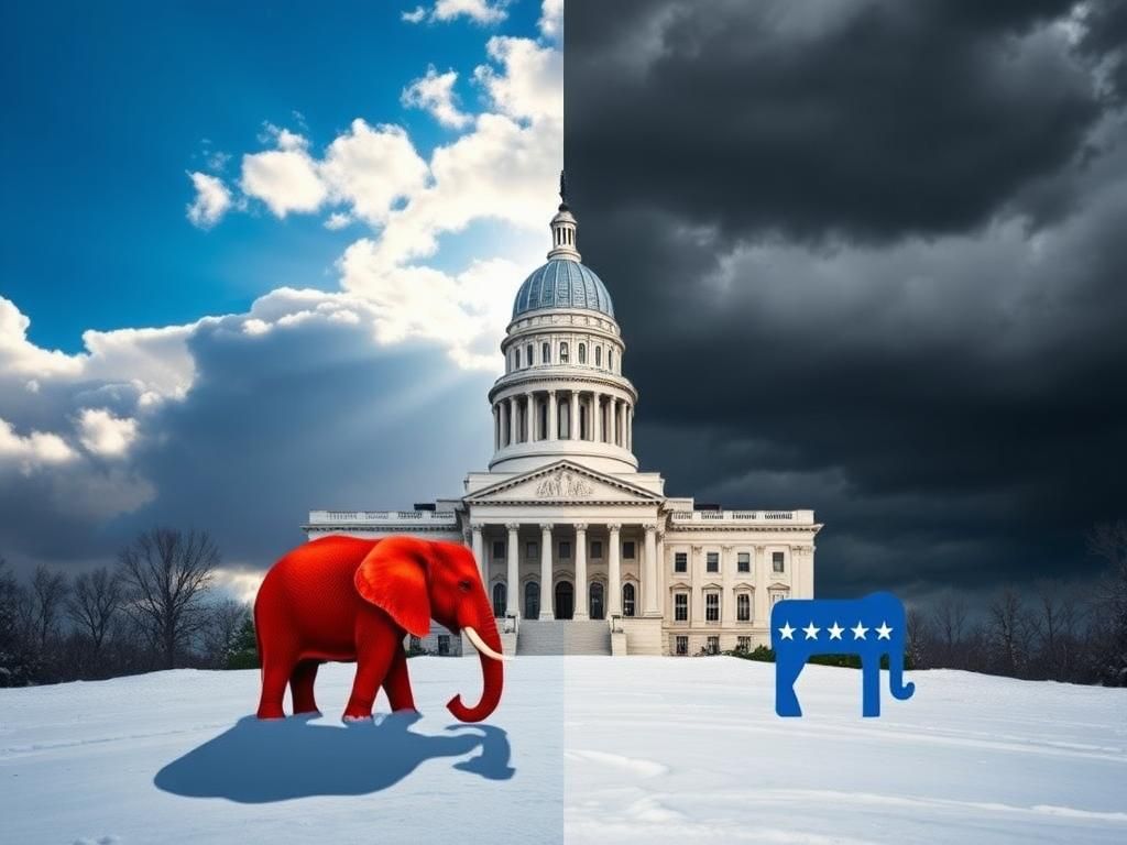 Flick International Split image of the Minnesota State Capitol with contrasting political symbols representing Republican and Democratic perspectives