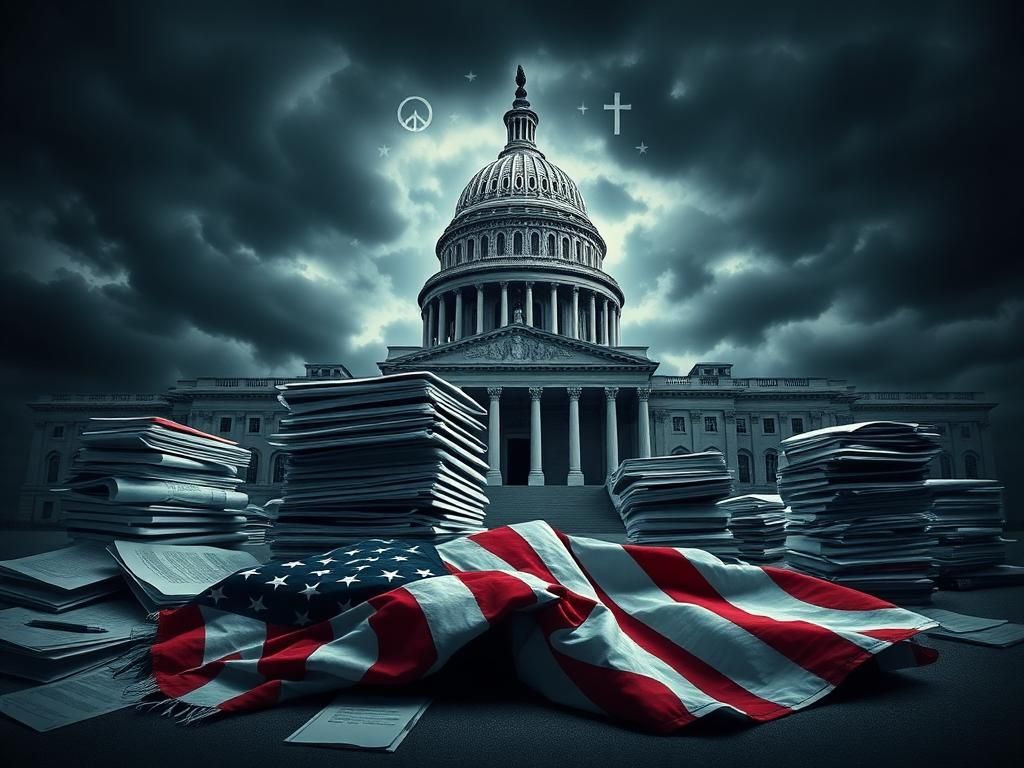 Flick International Symbolic representation of U.S. Capitol surrounded by documents and a disheveled American flag, illustrating government tension regarding foreign aid policies.