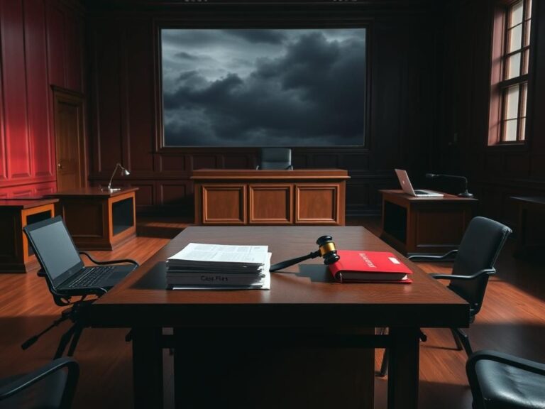 Flick International Dramatic empty courtroom scene with wooden judge's bench and legal documents