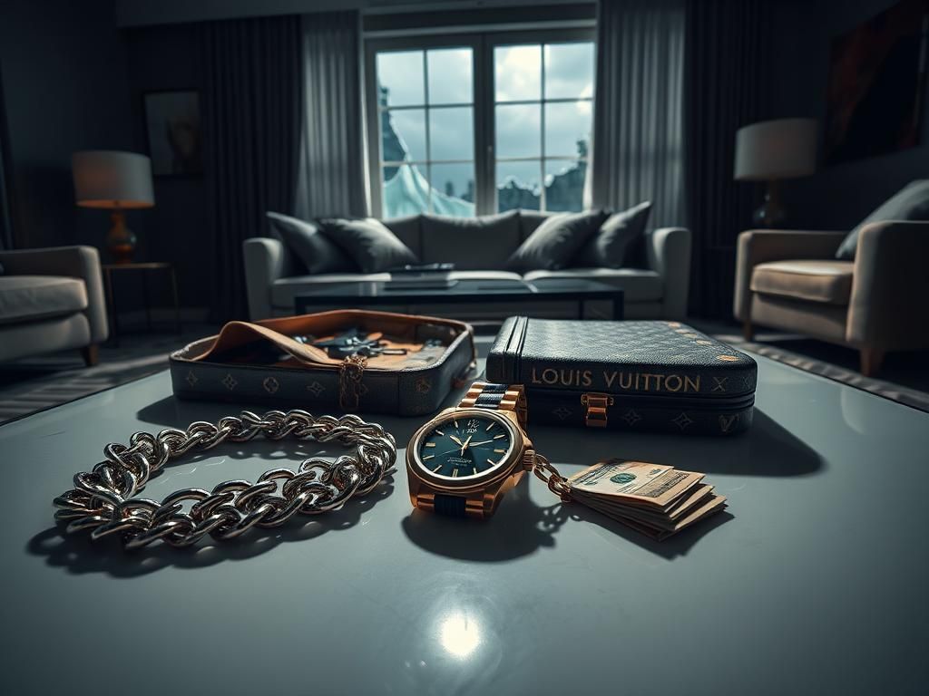 Flick International Dimly lit living room showcasing luxury stolen items, including diamond jewelry and Louis Vuitton luggage