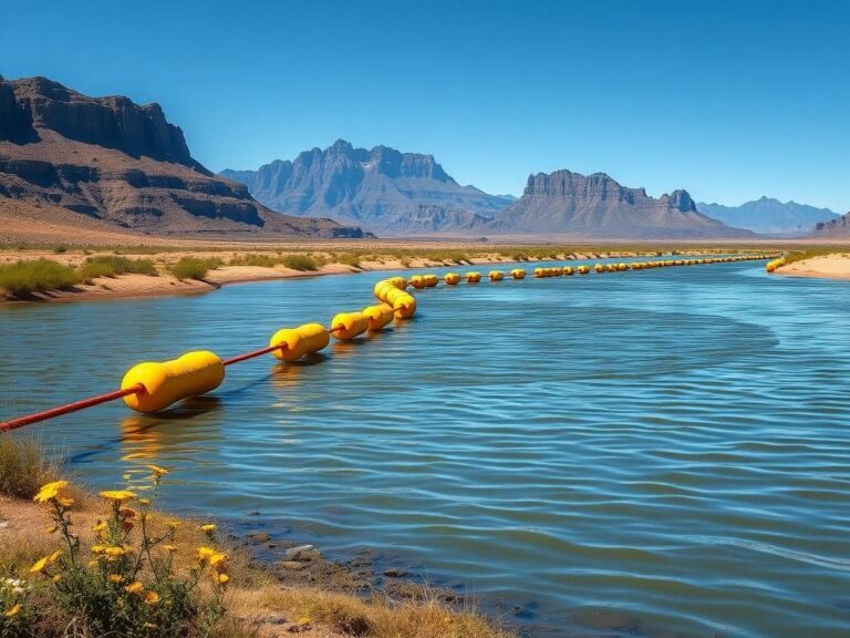 Flick International Serene depiction of the Rio Grande river with buoy barriers for border security