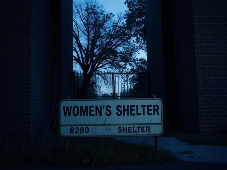 Flick International Entrance of a women-only shelter with an old sign and overgrown weeds