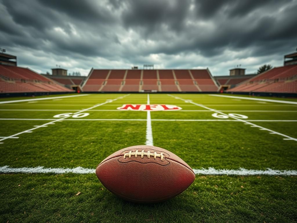 Flick International Aerial view of an empty football field with team logos in the end zones