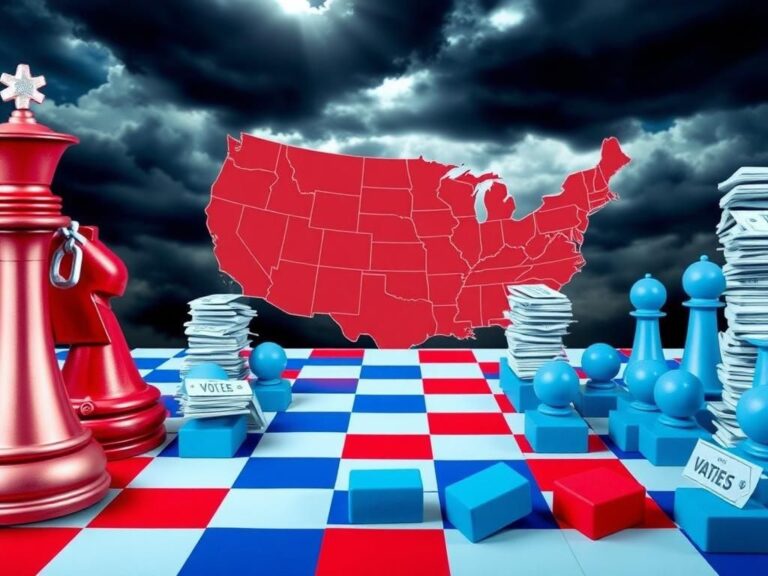 Flick International A vivid depiction of a political chessboard representing the battle for House control in 2026 with red and blue tiles.