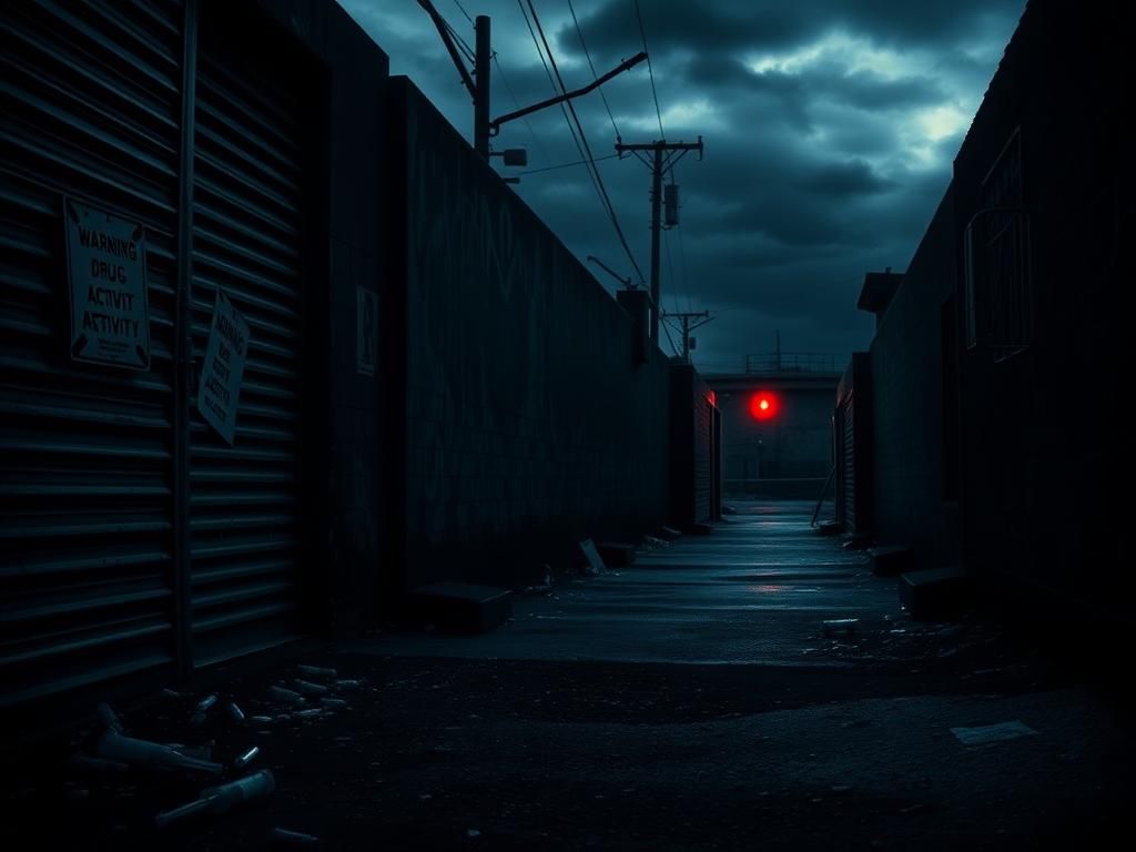 Flick International Shadowy alleyway depicting drug-related danger with warning sign