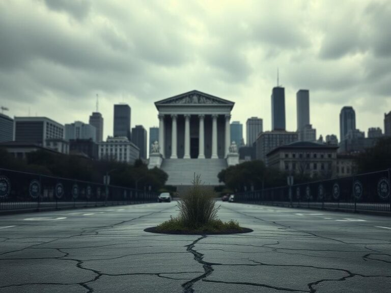 Flick International Somber cityscape of a sanctuary city skyline with a looming federal courthouse