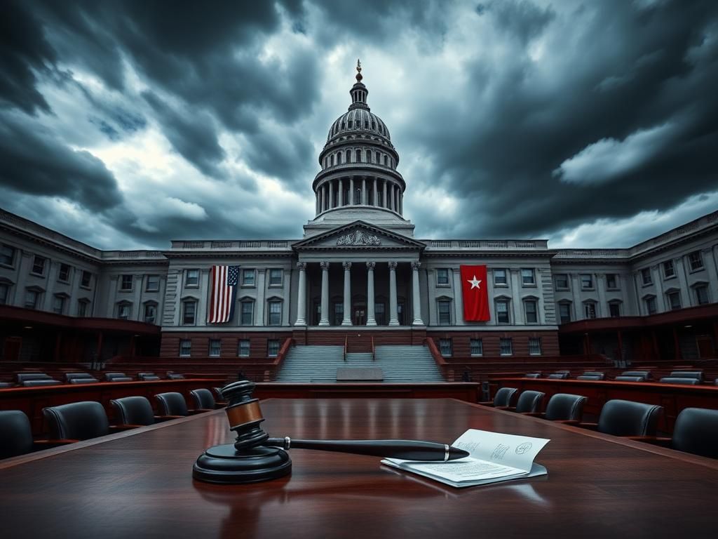 Flick International Dramatic view of the Minnesota State Capitol building with looming clouds and an empty legislative chamber