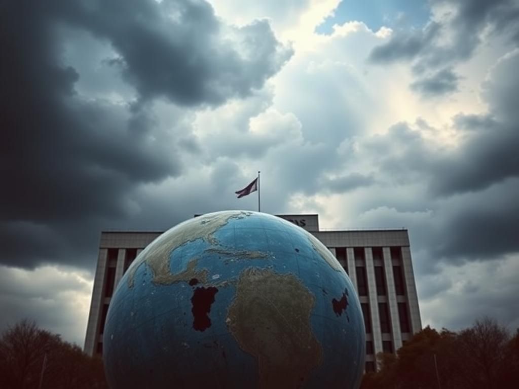 Flick International A somber depiction of the United Nations building against a stormy sky