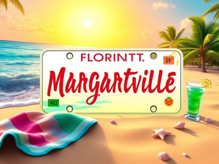 Flick International A specialty license plate design honoring Jimmy Buffett displayed on a sunny Florida beach