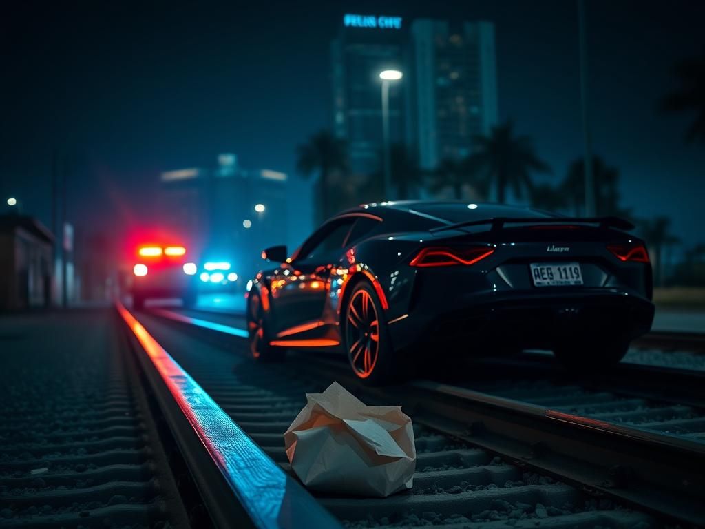 Flick International Luxury Lamborghini parked on railroad tracks at night with police lights in the background