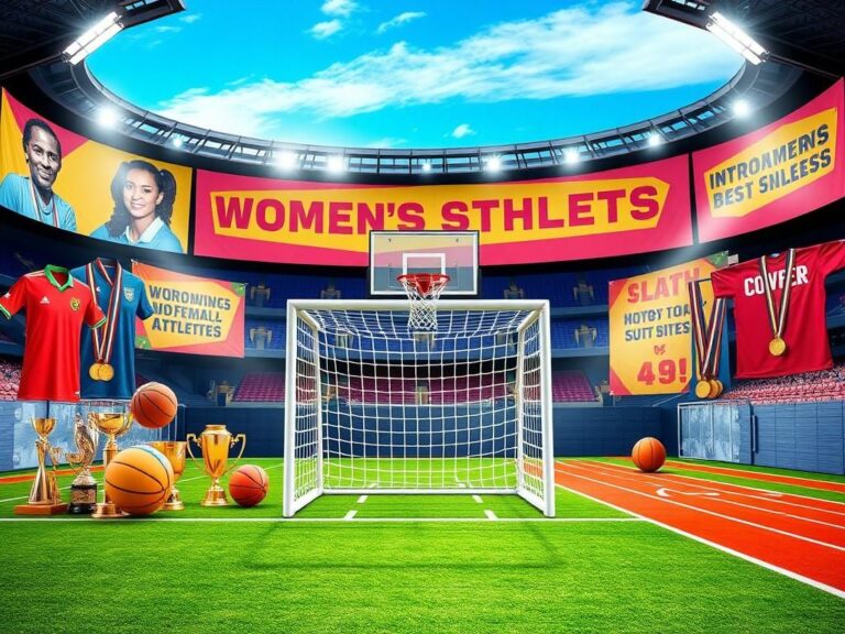 Flick International A vibrant collage of women's sports featuring a soccer goal, basketball hoop, and track and field.