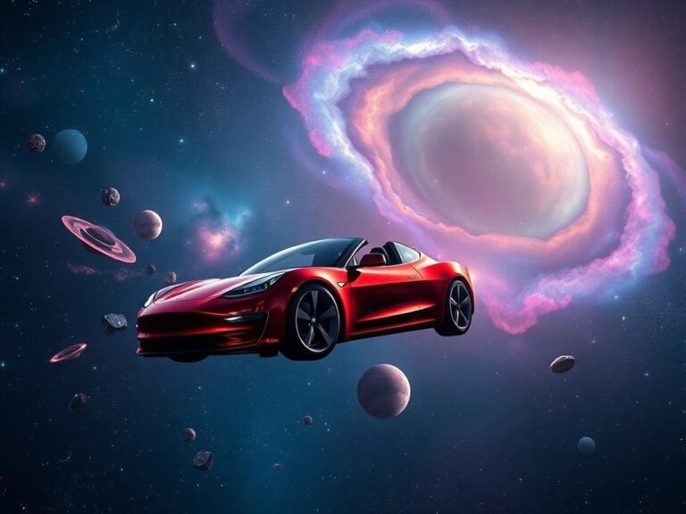 Flick International A Tesla Roadster floating in deep space surrounded by stars and galaxies