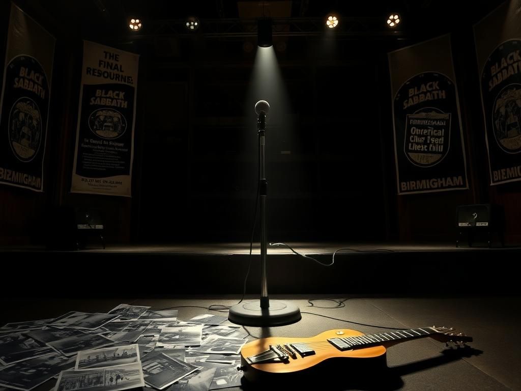 Flick International Dimly lit concert stage with a microphone stand, symbolizing Ozzy Osbourne's final performance