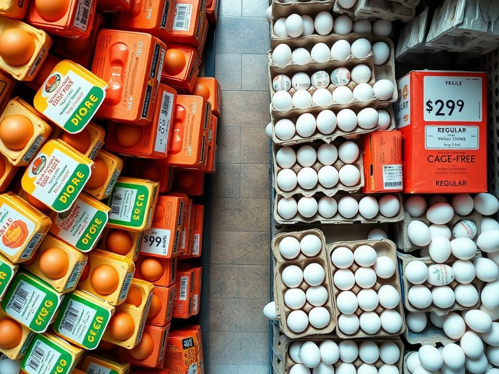 Flick International Overhead view of a grocery store egg aisle with contrasting sections of organic cage-free and regular eggs.