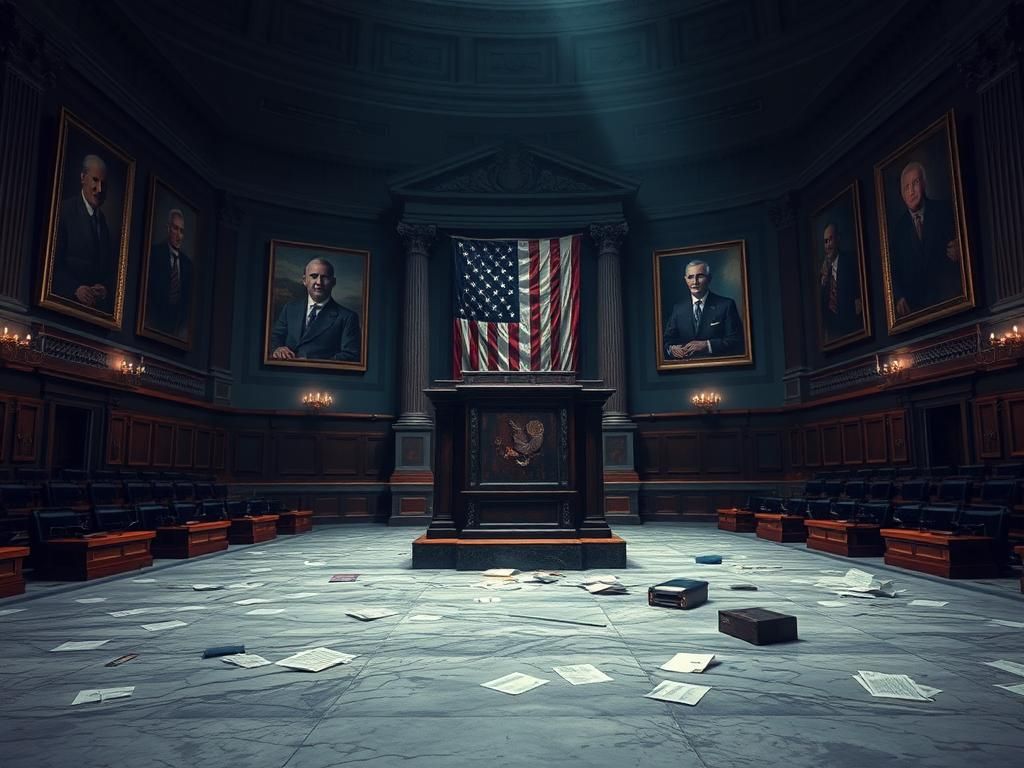 Flick International Empty congressional chamber with a weathered podium and American flag, symbolizing lost power