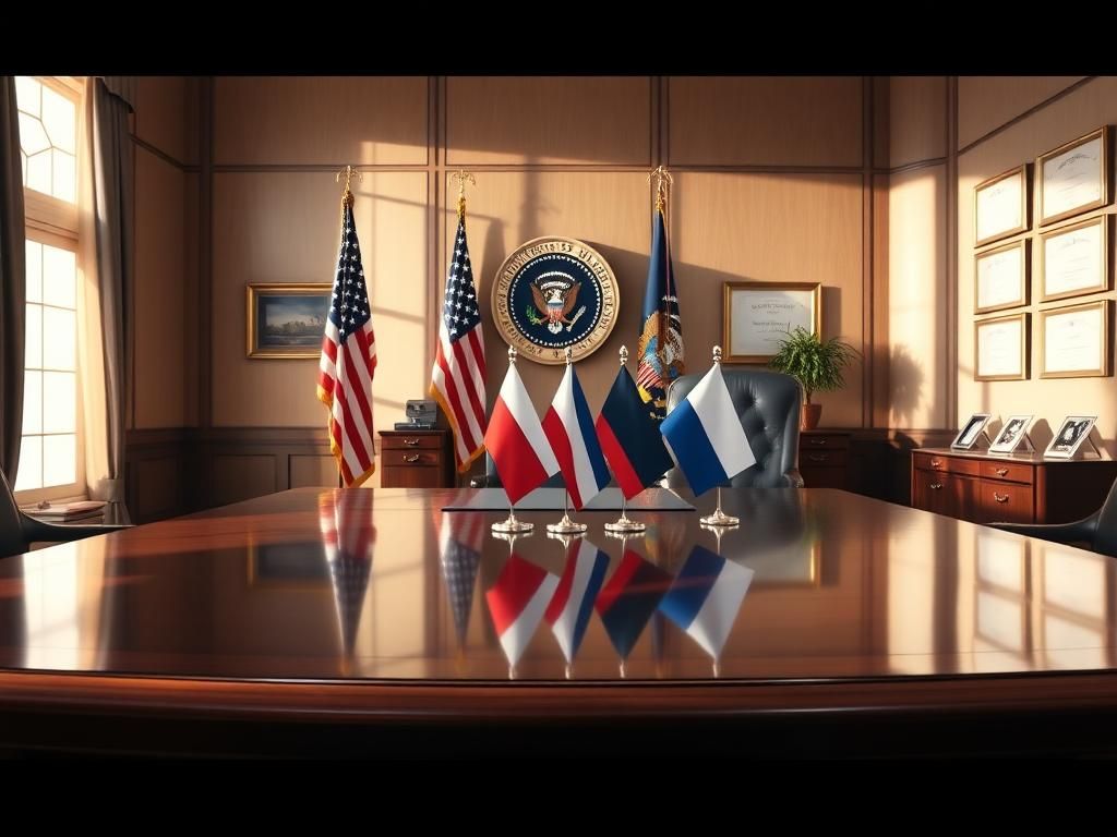 Flick International Elegant office setting with a polished wooden desk and American flag