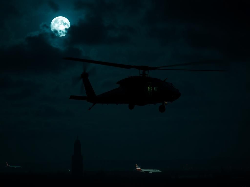 Flick International Black Hawk helicopter flying at night, showcasing night-vision technology