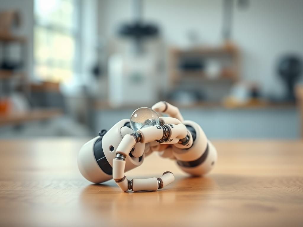 Flick International Close-up view of a soft robotic prosthetic hand grasping a marble on a wooden surface