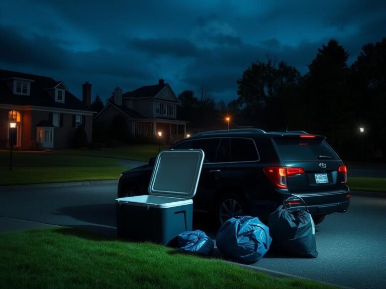 Flick International Dark suburban neighborhood scene at night with luxury SUV and signs of crime