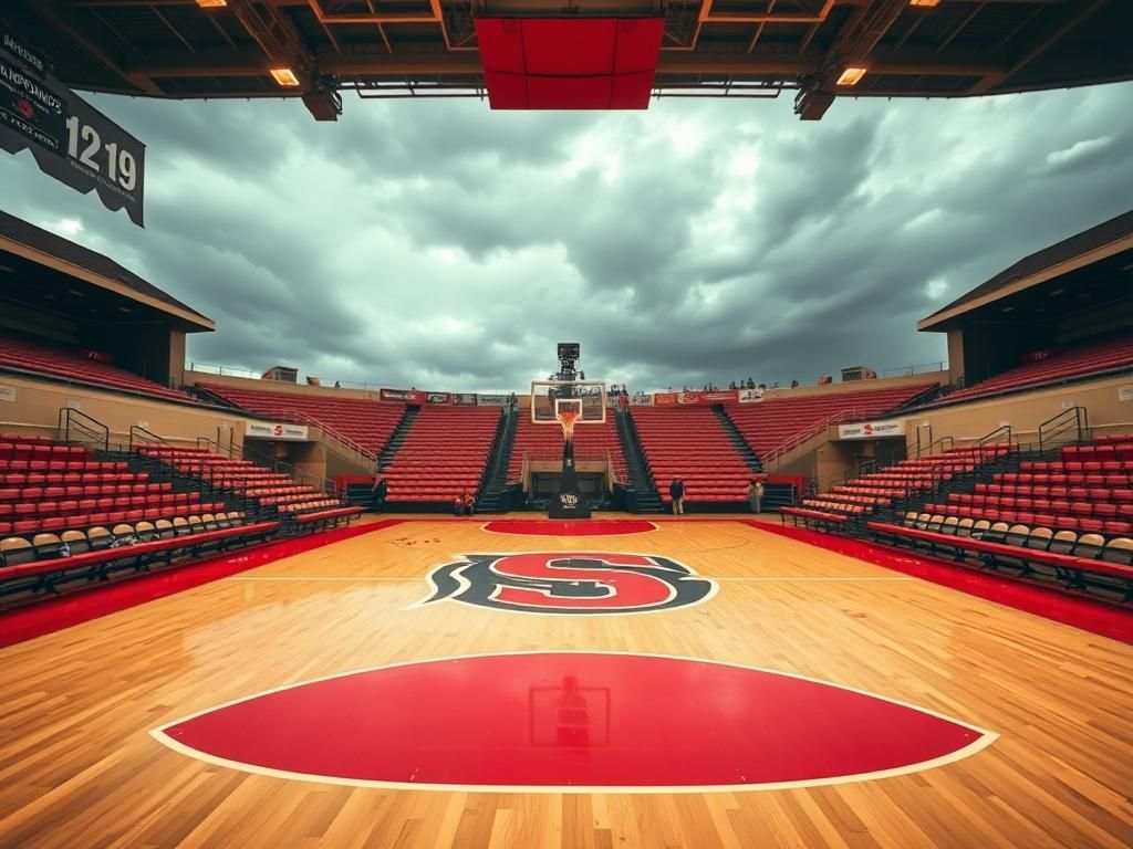 Flick International Empty basketball court of N.C. State with Wolfpack logo and stormy sky
