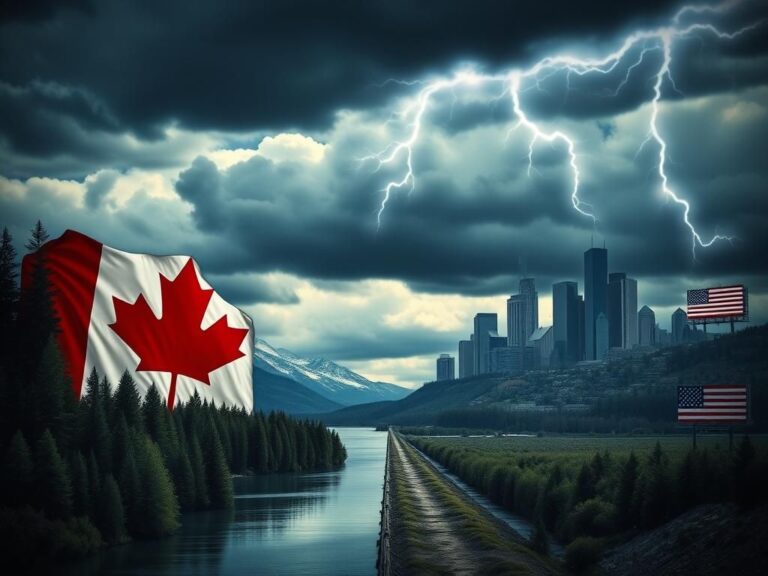 Flick International Dramatic depiction of Canadian and American landscapes converging at the border