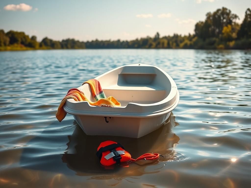 Flick International A small boat on calm water with a life vest lying on the floor