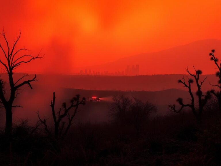 Flick International Dramatic landscape of wildfire aftermath in Los Angeles with charred trees and smoky skies