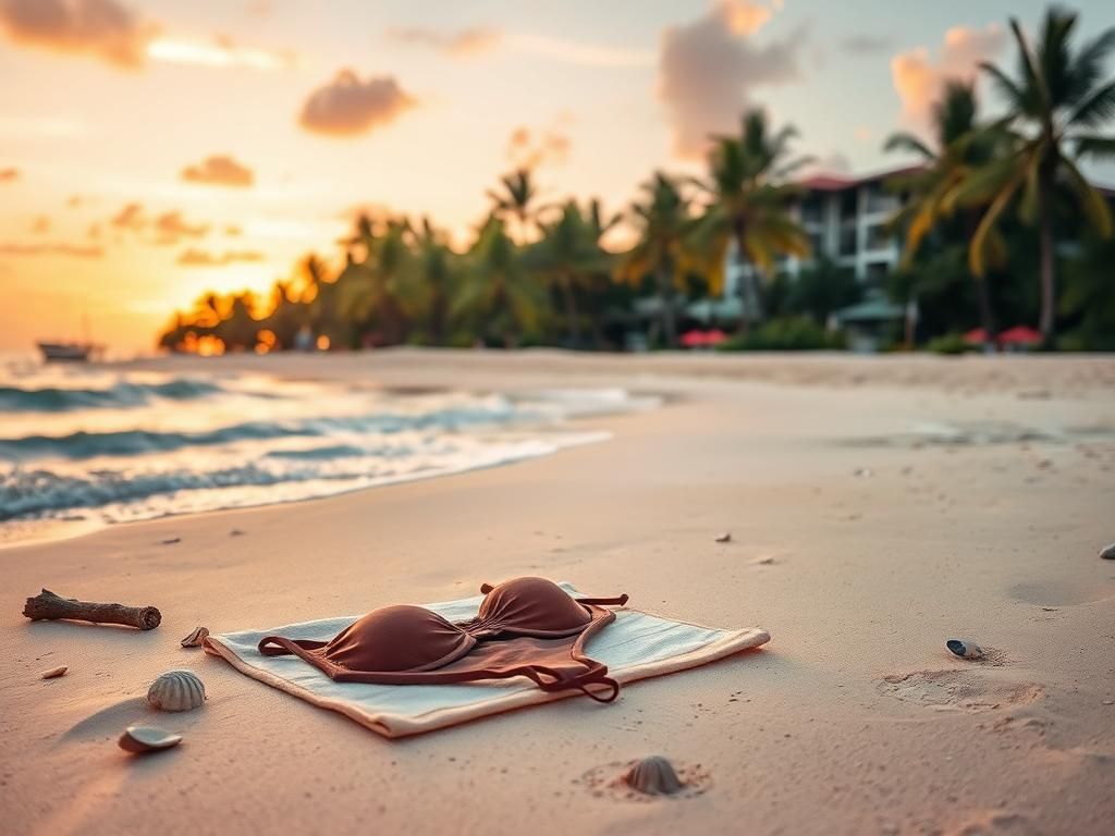 Flick International Serene beach scene at dawn in Punta Cana, showcasing an abandoned bikini on a towel