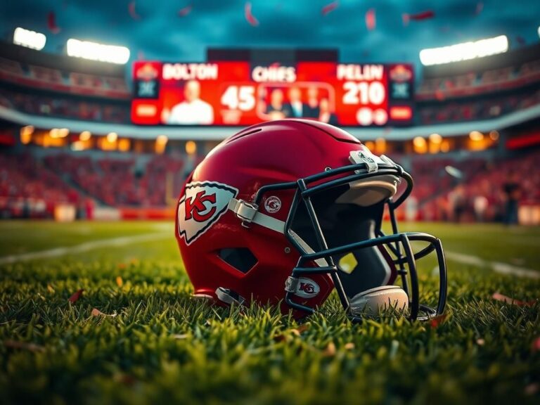 Flick International Close-up of a Kansas City Chiefs football helmet on grass under evening lights