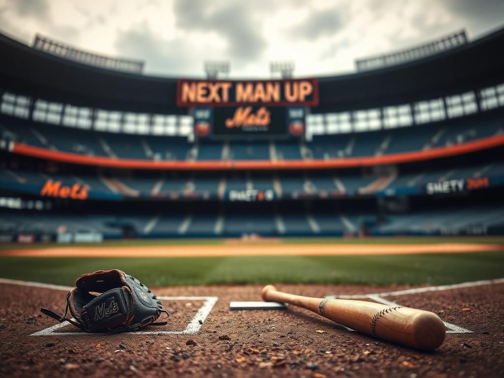 Flick International A somber baseball scene at the Mets dugout, featuring a discarded glove and cracked bat