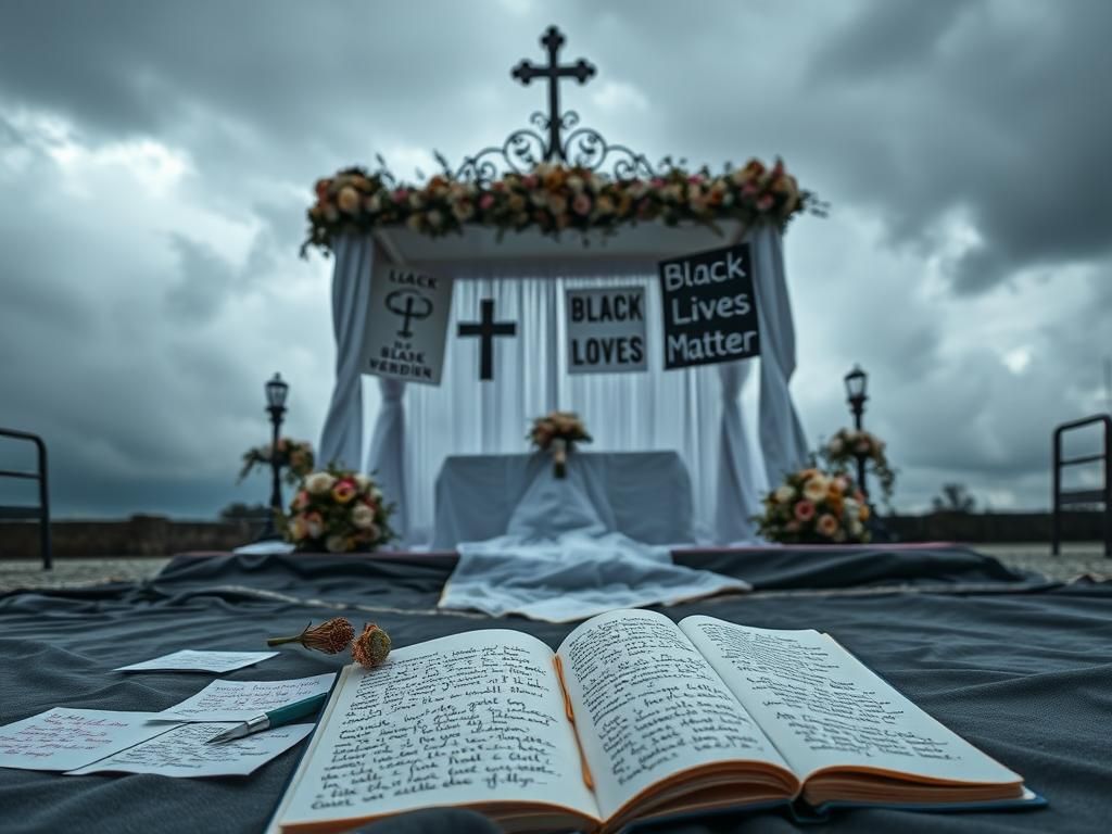 Flick International Somber wedding altar with contrasting religious symbols and wilted flowers symbolizing rejection