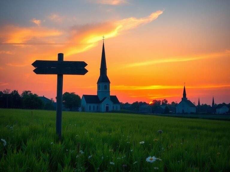 Flick International Traditional church steeple silhouetted against a vibrant sunset sky