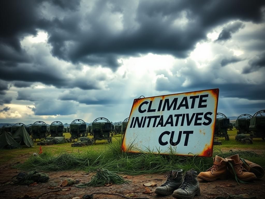 Flick International Military training ground with dark storm clouds and sign reading 'Climate Initiatives Cut'