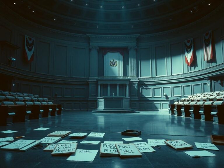 Flick International Empty congressional chamber with a dramatic podium at the center symbolizing missed opportunities