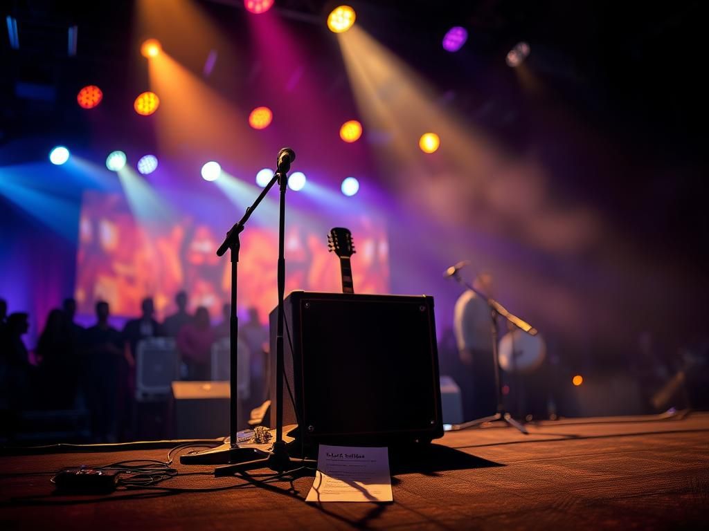 Flick International Empty microphone stand and vintage guitar on a dimly lit concert stage