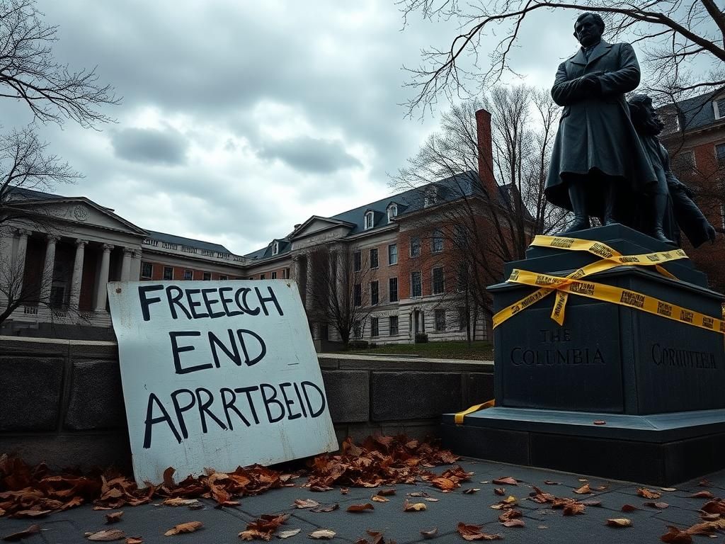 Flick International A weathered protest sign reading 'Free Speech' and 'End Apartheid' against the backdrop of Columbia University's iconic buildings under a cloudy sky