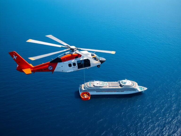 Flick International Coast Guard helicopter hovering over cruise ship during rescue operation