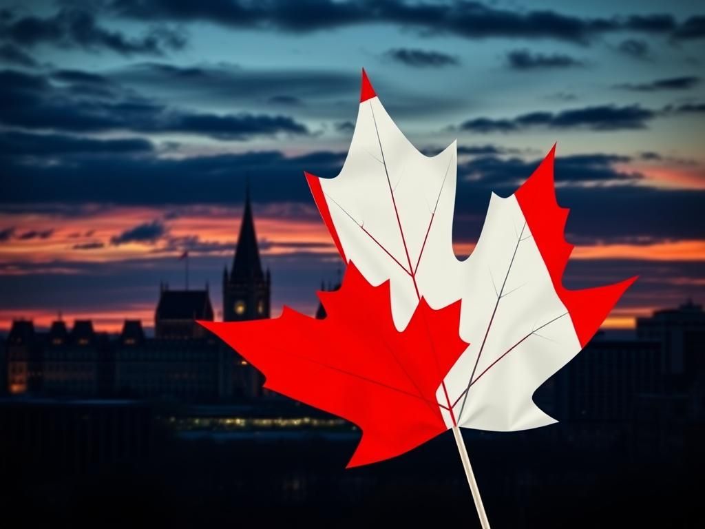 Flick International Dusk skyline of Ottawa with illuminated Parliament Buildings and a large maple leaf symbolizing political change