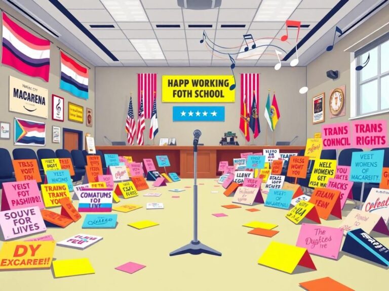 Flick International Colorful protest signs and an empty microphone stand in a New York City education council meeting room