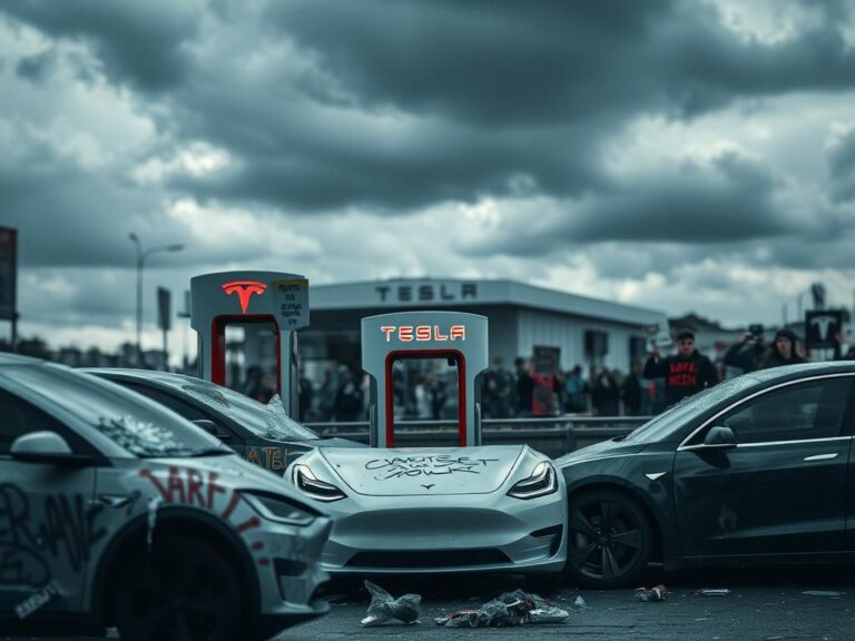 Flick International Vandalized Tesla vehicles at a charging station amidst graffiti and protest signs