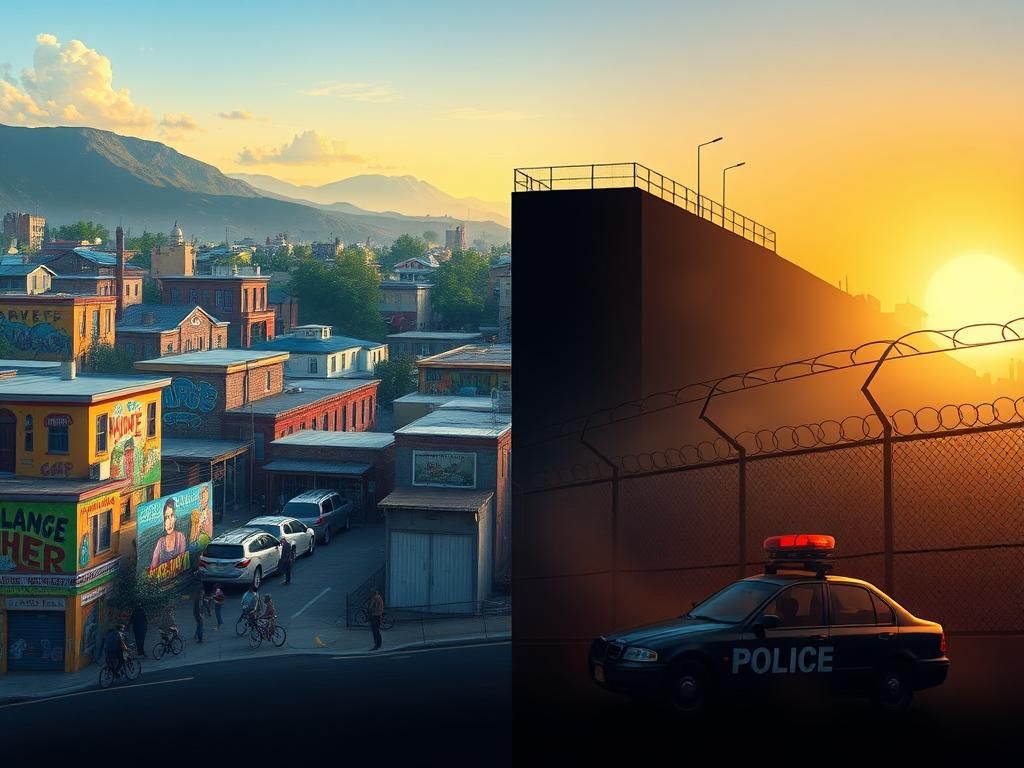 Flick International Vibrant urban landscape symbolizing the U.S. immigration debate, featuring a bustling diverse neighborhood and law enforcement elements.