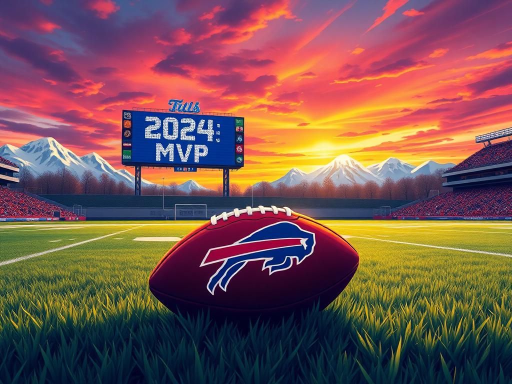Flick International Illustration of a football field at sunset with a football symbolizing victory