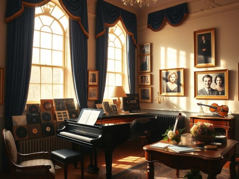 Flick International Serene interior of the music room in Buckingham Palace featuring a grand piano and vintage music decor.