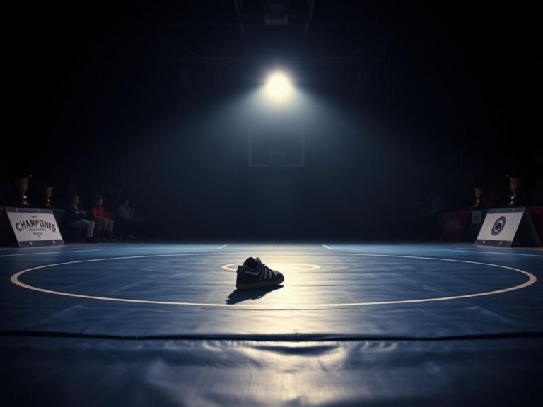 Flick International Abandoned wrestling shoes on a mat symbolizing resilience and determination.