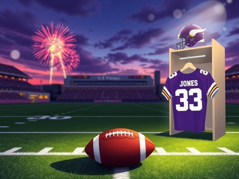 Flick International A dynamic football field scene featuring the Minnesota Vikings' colors with fireworks in the background.