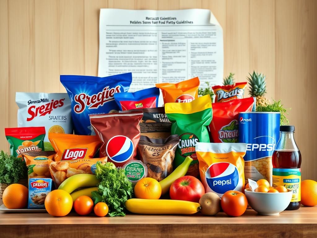 Flick International Still life of food products from General Mills and PepsiCo arranged with fresh fruits and vegetables.