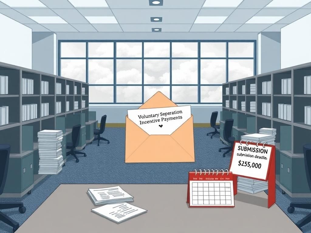 Flick International Conceptual illustration of a government office with empty cubicles, featuring an envelope labeled 'Voluntary Separation Incentive Payment' and a visible $25,000 check.