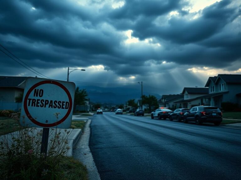 Flick International California landscape featuring a stark, empty street with a 'No Trespassing' sign amidst wildflowers