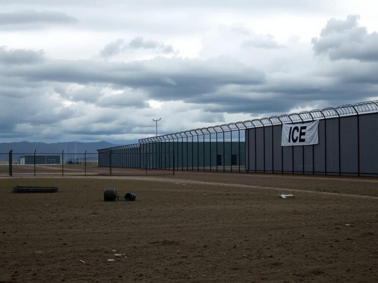 Flick International Stark immigration detention facility with barbed-wire fences under a cloudy sky